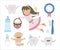 Cute tooth fairy vector set. Kawaii fantasy princess with funny smiling toothbrush, baby, molar, milk bottle, medal, toothpaste,