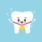 Cute tooth with golden medal on red ribbon isolated on blue background.