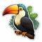 Cute Toucan Sticker: Detailed Foliage Illustration On White Background