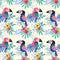 Cute  toucans bird with  with tropical flowers seamless pattern
