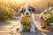 Cute touching puppy asks for forgiveness and gives flowers