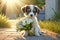 Cute touching puppy asks for forgiveness and gives flowers