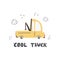 Cute tow truck and lettering-cool truck. Funny transport. Cartoon vector illustration in simple childish hand-drawn