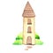 Cute tower with tree bush watercolor illustration.