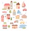 Cute town houses set, cartoon tiny home funny buildings of city or village collection