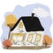 Cute townhouse. Hand drawing landscape with home, trees, grass, sky. Flat cartoon illustration in scandinavian style