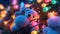 Cute toy bear and christmas tree branches with glowing garlands. New Year\\\'s decor. Generative AI illustration