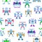 Cute toy robots with antennas and wires seamless vector pattern. Kids toy colorful and metal robotic background for boys