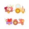 Cute Tractor with Cart Full of Flowers and Hearts Vector Set