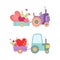 Cute Tractor with Cart Full of Flowers and Hearts Vector Set