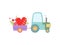 Cute Tractor with Hearts and Flowers, Agricultural Farm Transport with Cart Vector Illustration