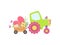 Cute Tractor with Hearts and Spring or Summer Flowers, Colorful Agricultural Farm Transport with Cart Vector