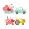 Cute Tractor and Van with Cart Full of Flowers and Hearts Vector Set