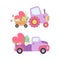 Cute Tractor and Van with Cart Full of Flowers and Hearts Vector Set