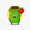 Cute trash can character carrying red apple
