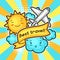 Cute travel background with kawaii doodles. Summer collection of cheerful cartoon characters sun, airplane, cloud
