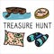 Cute treasure hunt cartoon vector illustration motif set. Hand drawn isolated vintage map and binoculars elements