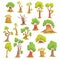 Cute tree characters set, funny humanized trees with different emotions colorful hand drawn vector Illustrations