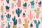 cute trendy hand drawn cactus seamless pattern background