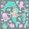 Cute trendy set of stickers emoji, patches badges Little Mermaid and the underwater world. Fairytale princess mermaid