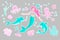 Cute trendy set of stickers emoji, patches badges. mermaid princess and dolphin, octopus, fish, jellyfish, coral. underwater world