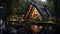 Cute triangle houses on a background of green forest near a river