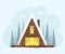 A cute triangular house among the forest decorated with lights. Festive and cozy atmosphere. Vector illustration in flat style. Me