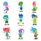 Cute troll characters set, funny creatures with different colors of skin and hair vector Illustrations on a white