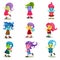 Cute troll characters set, happy creatures with different colors of skin and hair vector Illustrations on a white