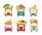 Cute Trucks and Cars Delivering Fresh Vegetables from Garden Vector Set