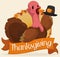 Cute Turkey with Pilgrim Hat and Ribbon Celebrating Thanksgiving, Vector Illustration