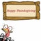 Cute turkeys mascot illustration and happy thanksgiving text and wood banner white background