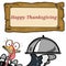 Cute turkeys mascot illustration and happy thanksgiving and wood banner text and food white background