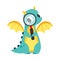 Cute Turquoise Little Dragon with Wings Looking in Magnifying Glass Vector Illustration