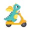 Cute Turquoise Little Dragon with Wings Riding Scooter Vector Illustration