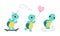 Cute turquoise turtle baby animals set. Tortoise reptilian animal character riding skateboard, walking with balloon