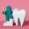 Cute turquoise Yeti brushing white tooth toothpaste 3D rendering Enamel whitening Tartar Plaque removal Caries Bacteria.