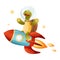 Cute turtle astronaut riding rocket. Funny tortoise character in outer space vector illustration
