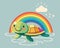 cute turtle character in a puddle and a rainbow in the sky.