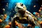 a cute turtle floating in outer space set, very shallow focus