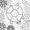 Cute turtle in garden adult coloring book page.