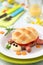 Cute turtle shape hamburger with a meat burger, cheese and sausages for kids