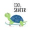 Cute turtle on a skateboard drawn vector illustration with letters cool skater