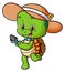 The cute turtle is wearing the beach hat and holding the shovel