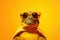 Cute turtle wearing sunglasses on yellow background