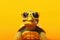 Cute turtle wearing sunglasses on yellow background