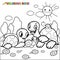 Cute turtles in the garden. Vector black and white coloring page.