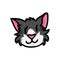 Cute tuxedo cat face with meow text clipart. Hand drawn pet kitty animal. Fun feline mammal doodle in flat color