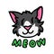 Cute tuxedo cat face with meow text clipart. Hand drawn pet kitty animal. Fun typography feline mammal doodle in flat