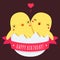 Cute twins baby chickens in egg vector happy birthday card